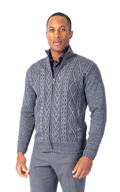 Full Zip Tonal Diamond Sweater - Charcoal