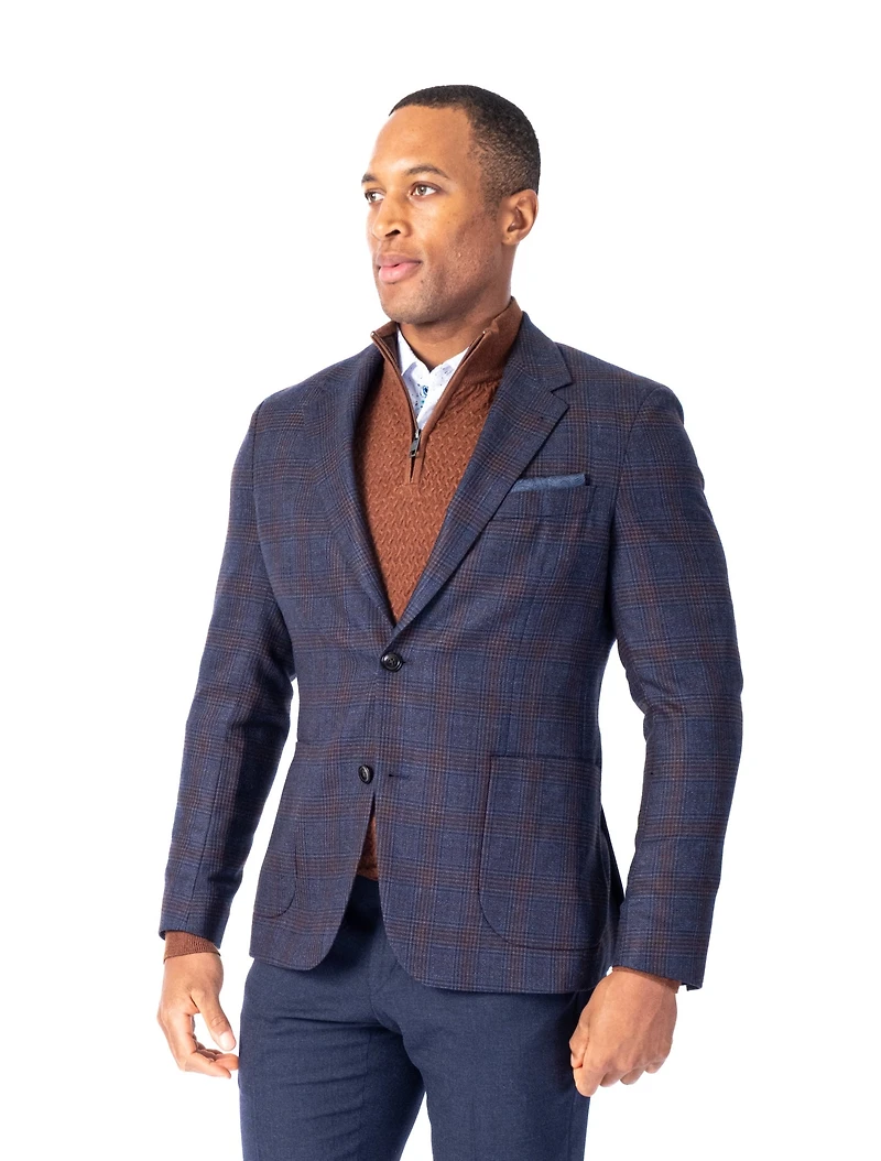 Wool/Silk Plaid Blazer - Dark Blue