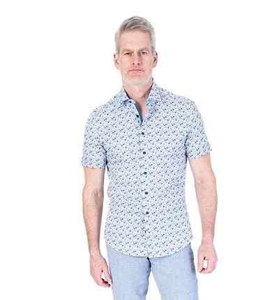 Cotton Stretch Floral Print Short-Sleeve Sport Shirt - Blue / Pink