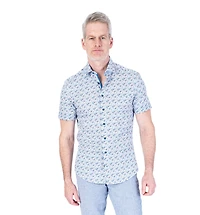 Cotton Stretch Floral Print Short-Sleeve Sport Shirt - Blue / Pink