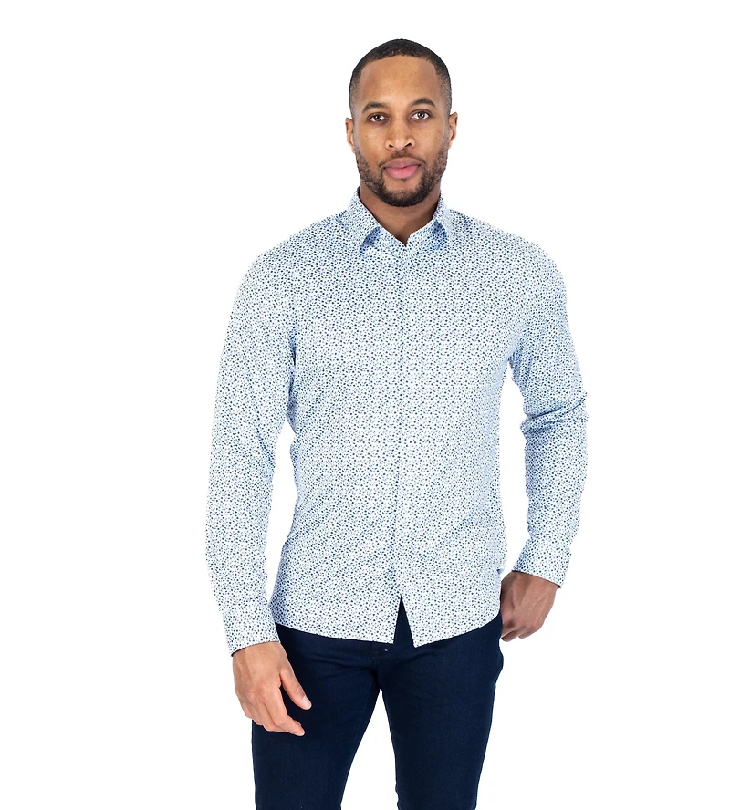 Cotton/Stretch Small Floral Sport Shirt - Blue