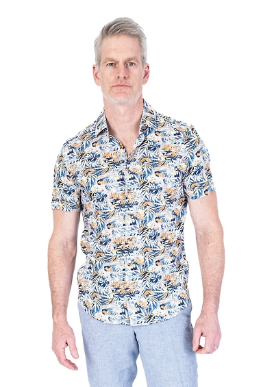 Linen/Stretch Leaf Print Short-Sleeve Sport Shirt - Blue / Tan