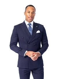 Double-Breasted Modern Slim Fit Pinstripe Suit - Navy