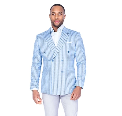 Double-Breasted Stripe Blazer - Blue