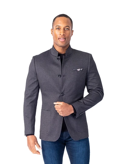 Mandarin Collar Textured Blazer - Grey