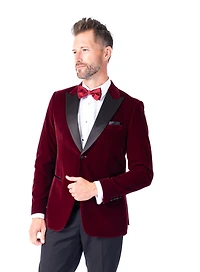 Solid Velvet Peak Lapel Blazer - Sangria