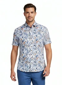 Short-Sleeve Cotton/Stretch Floral Sport Shirt - Blue