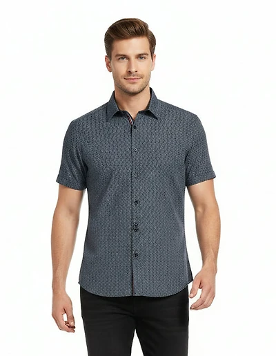 Short-Sleeve Micro/Stretch Paisley Print Sport Shirt - Black