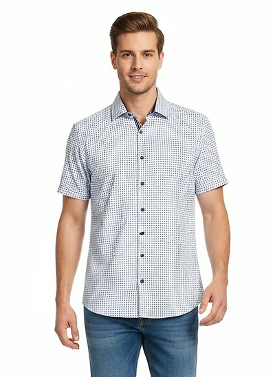Short-Sleeve Micro/Stretch Circle Print Sport Shirt - Navy
