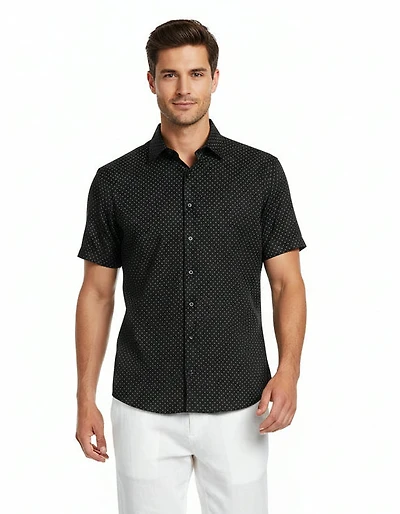 Short-Sleeve Micro/Stretch Neat Sport Shirt - Black