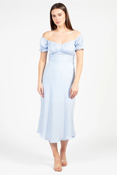 Cindy Satin Off-The-Shoulder Midi Dress
