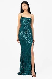 Ariel Strappy High Slit Sequin Gown