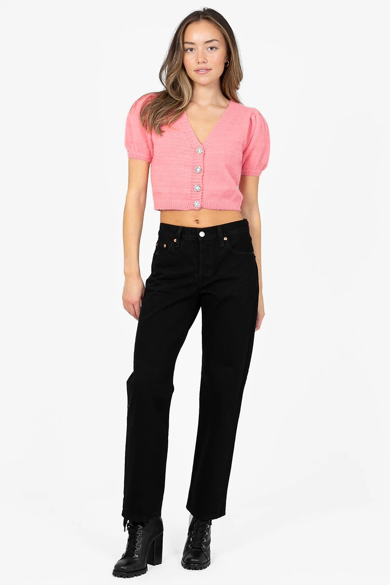 Elora Jewel Button Fuzzy Cardigan