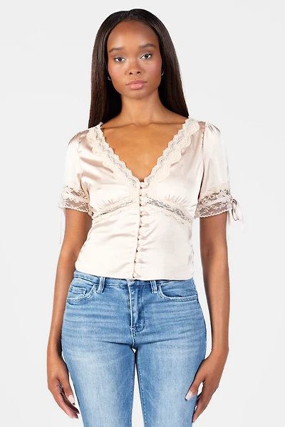 Opaline Lace Trim Satin Blouse