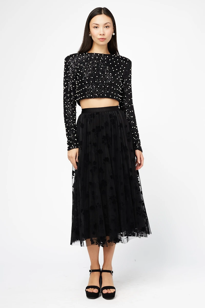Hayden Floral Mesh Pleated Midi Skirt