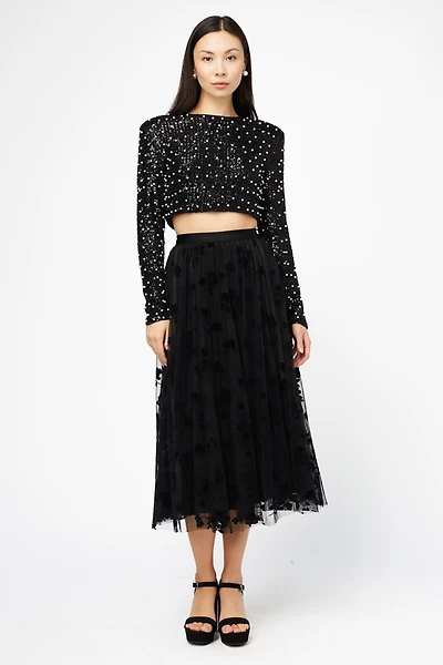 Hayden Floral Mesh Pleated Midi Skirt