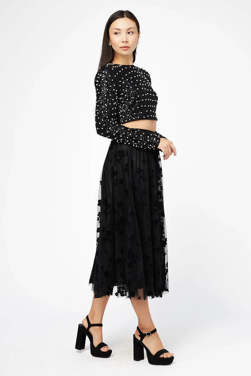 Hayden Floral Mesh Pleated Midi Skirt