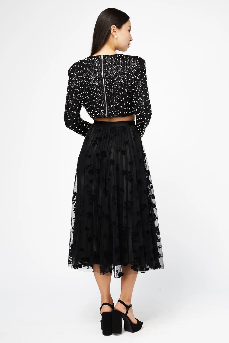 Hayden Floral Mesh Pleated Midi Skirt