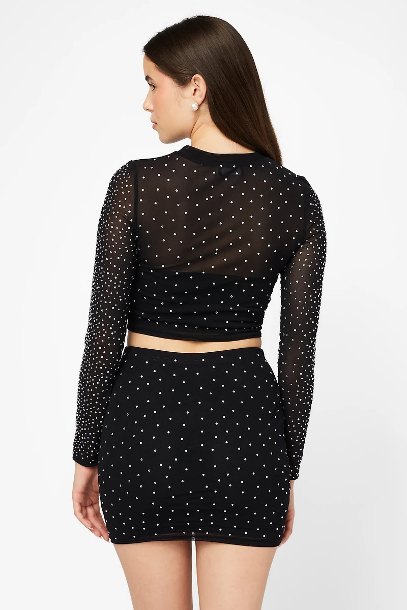 Fame Rhinestone Mesh Long Sleeve Top