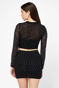Fame Rhinestone Mesh Long Sleeve Top