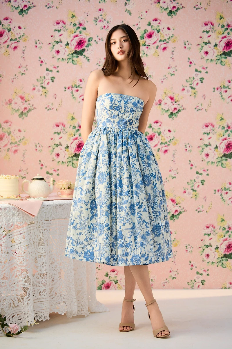 Ophelia Strapless Printed Midi Dress