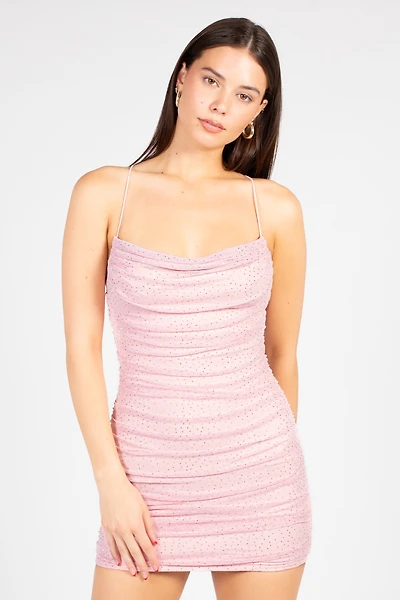 Beata Rhinestone Ruched Mesh Mini Dress