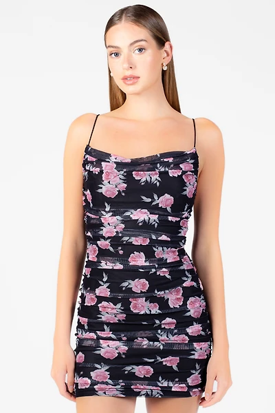Gemma Floral Mesh Ruched Mini Dress