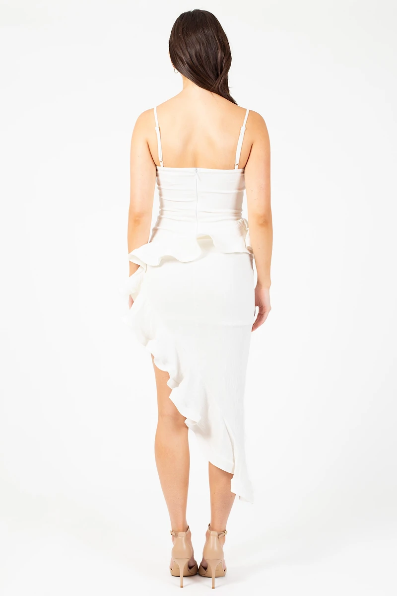 Madeline Linen Asymmetrical Ruffle Midi Dress
