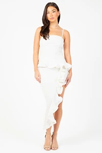 Madeline Linen Asymmetrical Ruffle Midi Dress