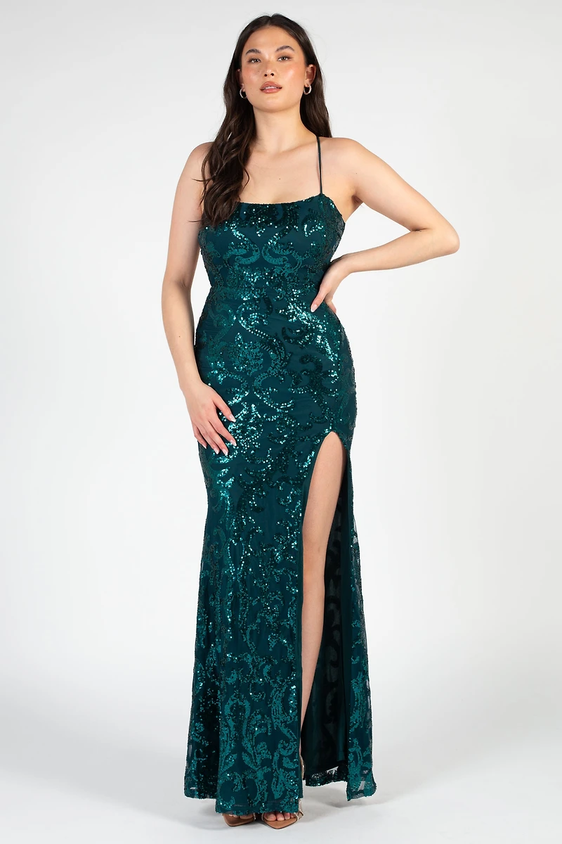 Ariel Strappy High Slit Sequin Gown