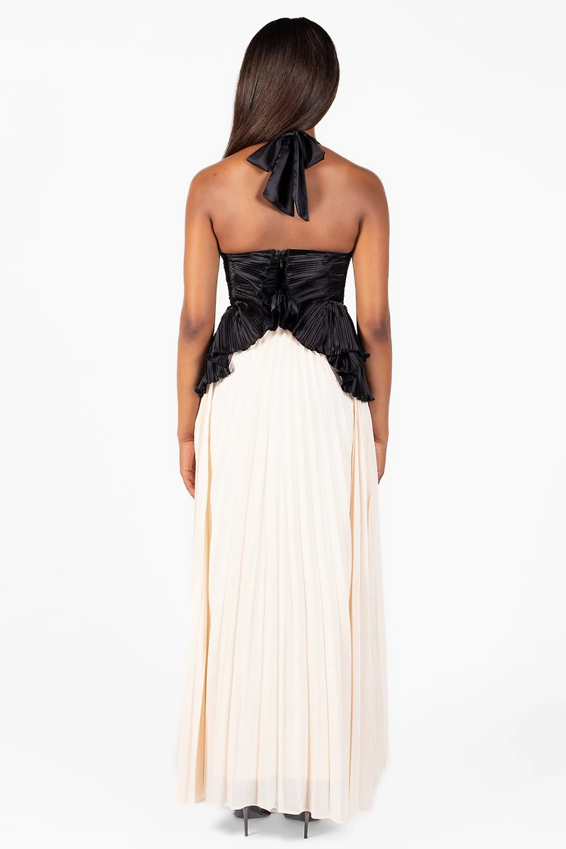 Cosette Halter Ruffle Pleated Maxi Dress