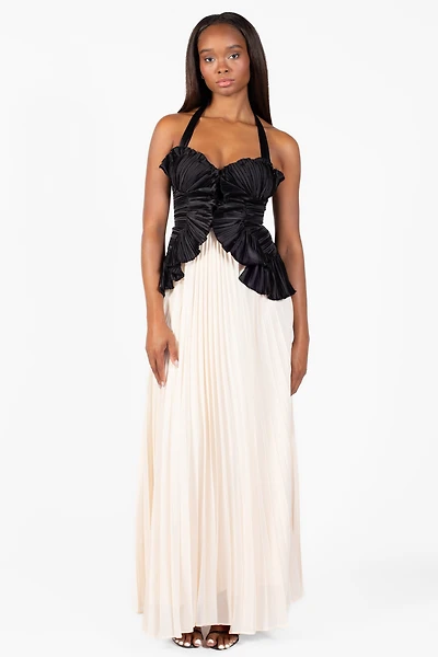 Cosette Halter Ruffle Pleated Maxi Dress