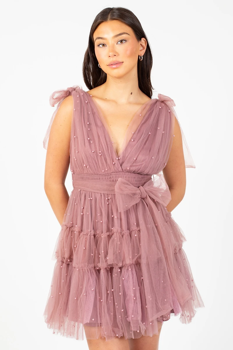 Alba Pearl Embellished Tulle Mini Dress