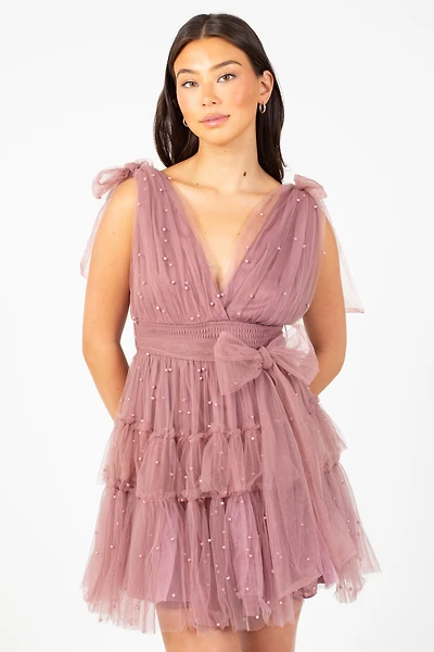 Alba Pearl Embellished Tulle Mini Dress