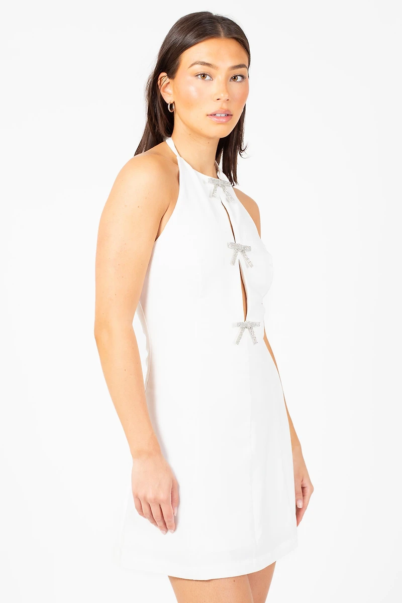 Camellia Jewel Bow Halter Mini Dress