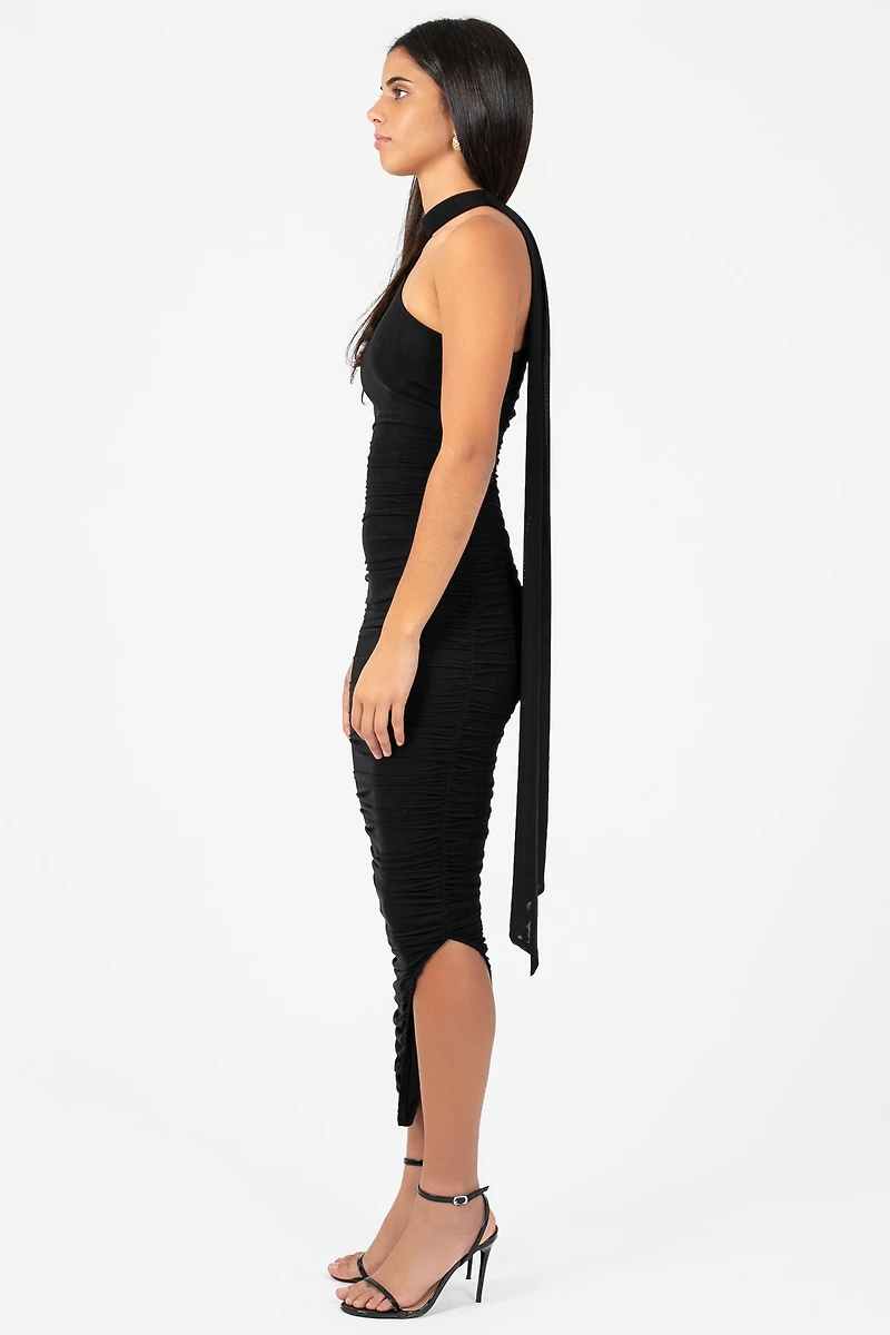 Everly Asymmetrical Ruched Mesh Midi Dress