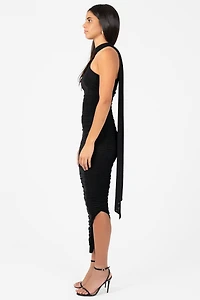 Everly Asymmetrical Ruched Mesh Midi Dress