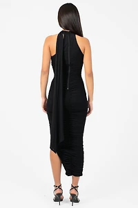 Everly Asymmetrical Ruched Mesh Midi Dress