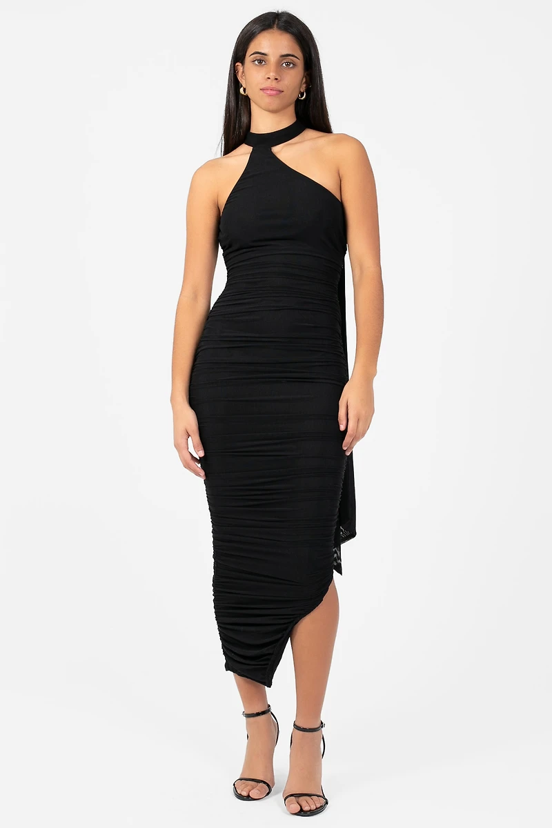 Everly Asymmetrical Ruched Mesh Midi Dress