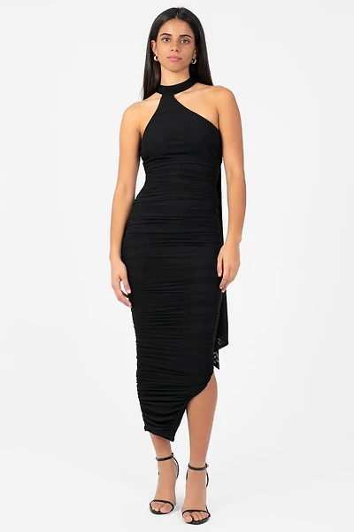 Everly Asymmetrical Ruched Mesh Midi Dress