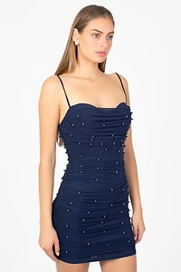 Noel Pearl Mesh Ruched Mini Dress