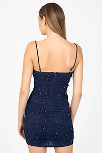 Noel Pearl Mesh Ruched Mini Dress