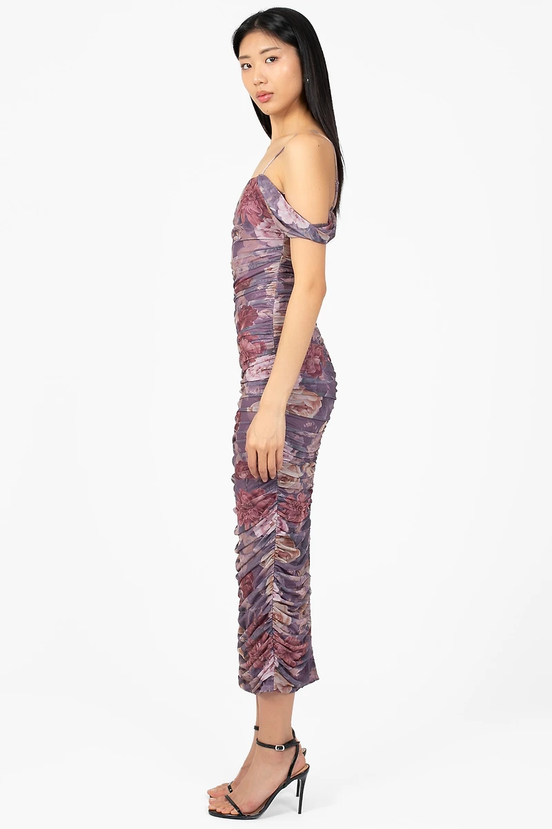 Camelia Draped Ruched Floral Midi Dress