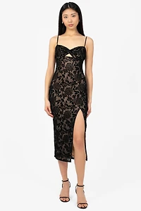 Midnight Bloom Flocked Velvet Midi Dress