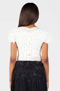 Angelica Mesh Ruched Polka Dot Blouse