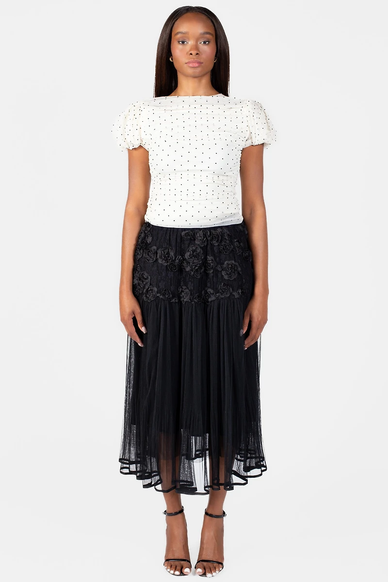 Angelica Mesh Ruched Polka Dot Blouse