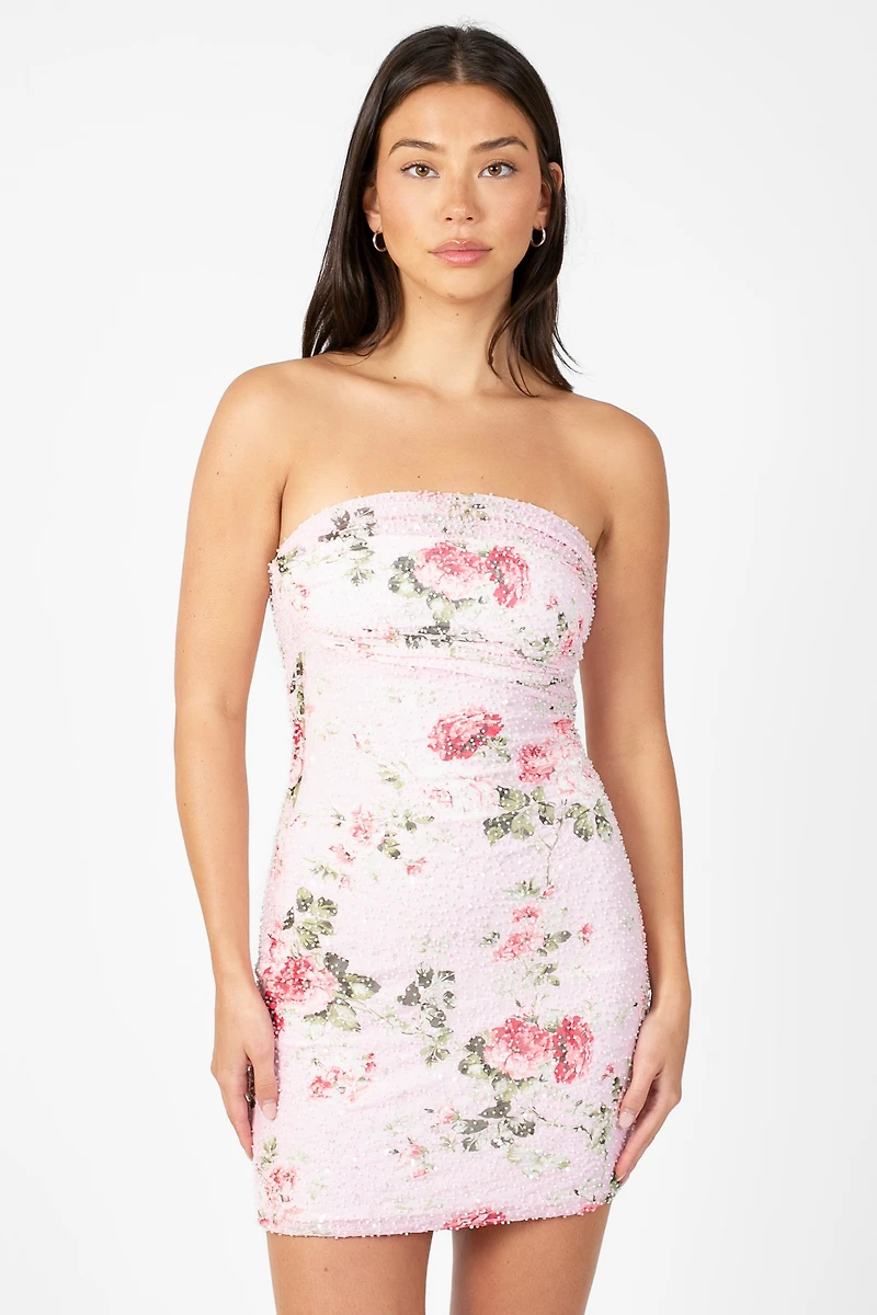 Posey Mesh Ruched Floral Mini Dress