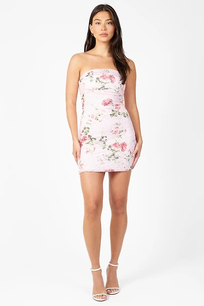 Posey Mesh Ruched Floral Mini Dress