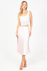 Gianina Side Slit Satin Midi Slip Skirt