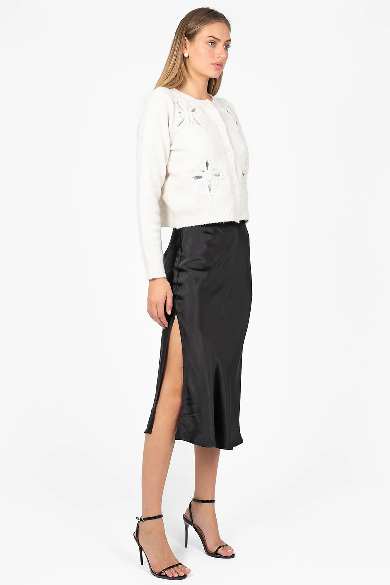 Gianina Side Slit Satin Midi Slip Skirt